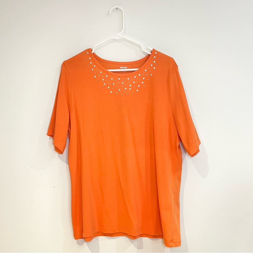 Alia Vibrant Orange Studded Neckline Tee